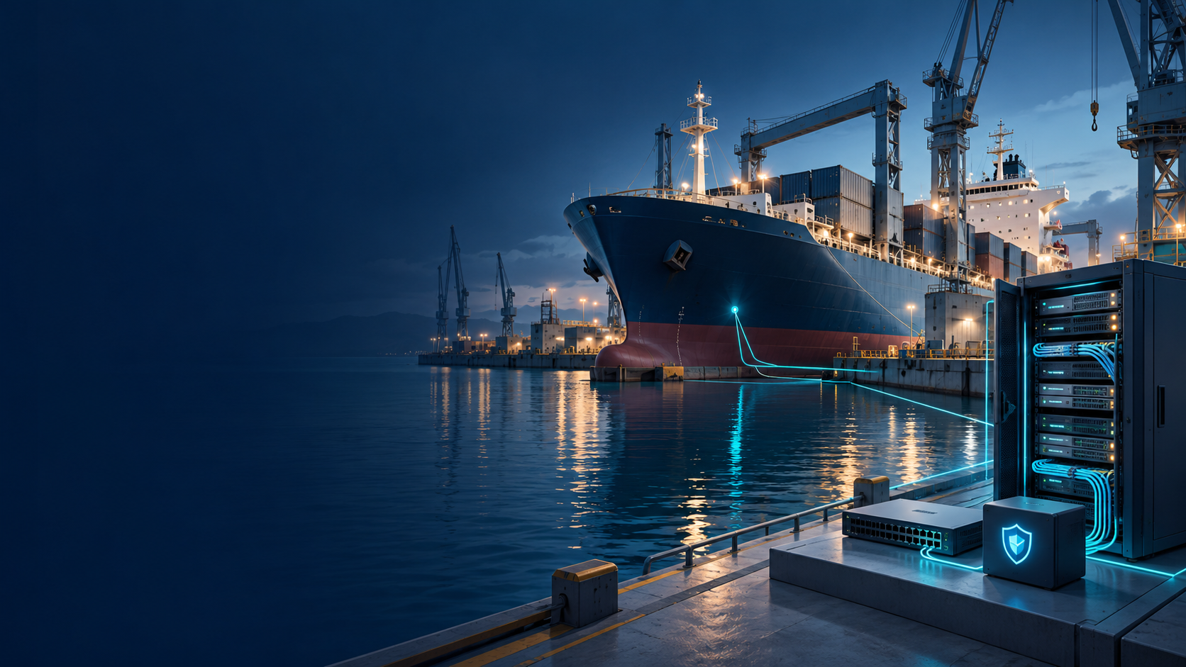 Illustrated commercial cargo vessel at a shipyard connected visually to network and server equipment